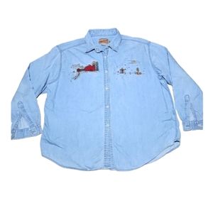 Woolrich Chambray Embroidered Shirt Farm Scene Size XL Vintage‎